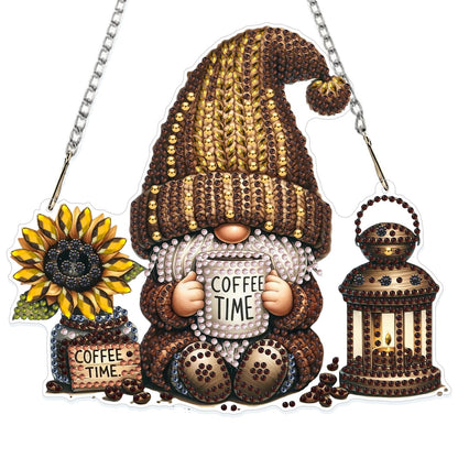 GHHKUD Gnome Diamond Art Hanging Kit for Adults, DIY Double Sided Diamond Arts Painting Hanging Coffee Time, Special Shaped Acrylic Ornaments Pendants for Window Home Garden Wall