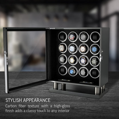 16 Watch Winder for Automatic Watches with LED Light and Coordinated Rotor Stop (Carbon)