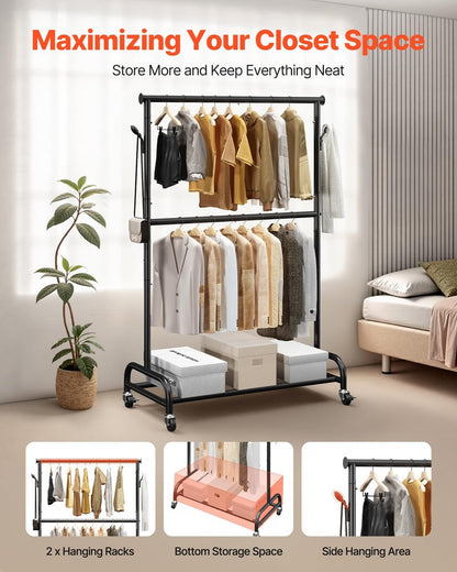 VEVOR Clothes Rack, Rolling Clothing Garment Rack with Adjustable Crossbar and Side Hooks, 150 lbs Load Capacity, Heavy Duty Carbon Steel Clothing Racks with Wheels for Bedroom, Laundry, Living Room