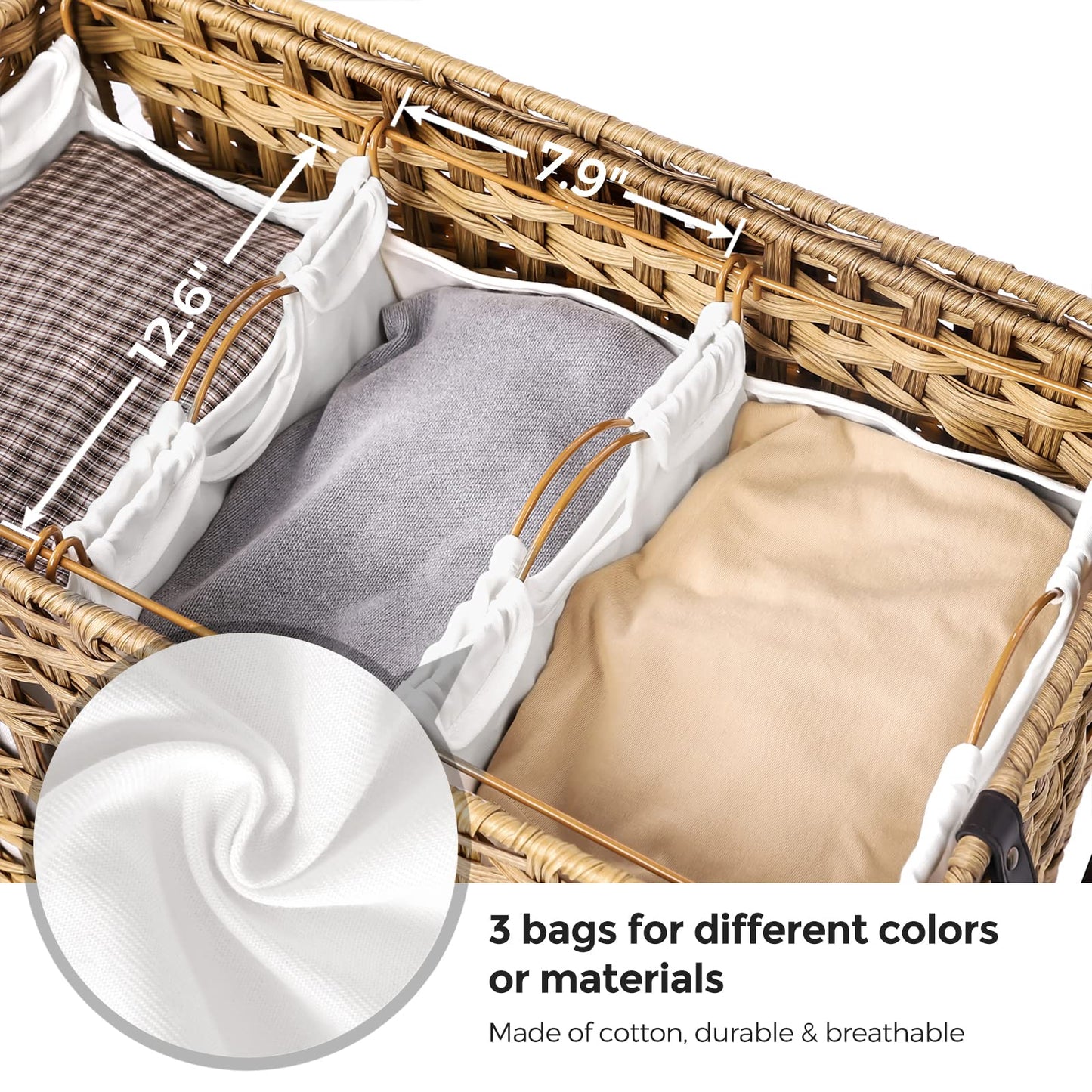 SONGMICS Laundry Hamper with Lid, 140L Synthetic Rattan Laundry Basket with Wheels, Clothes Hamper with 3 Removable Liner Bags, 3-Section Hampers with Handles, Laundry Room, Natural ULCB083N01