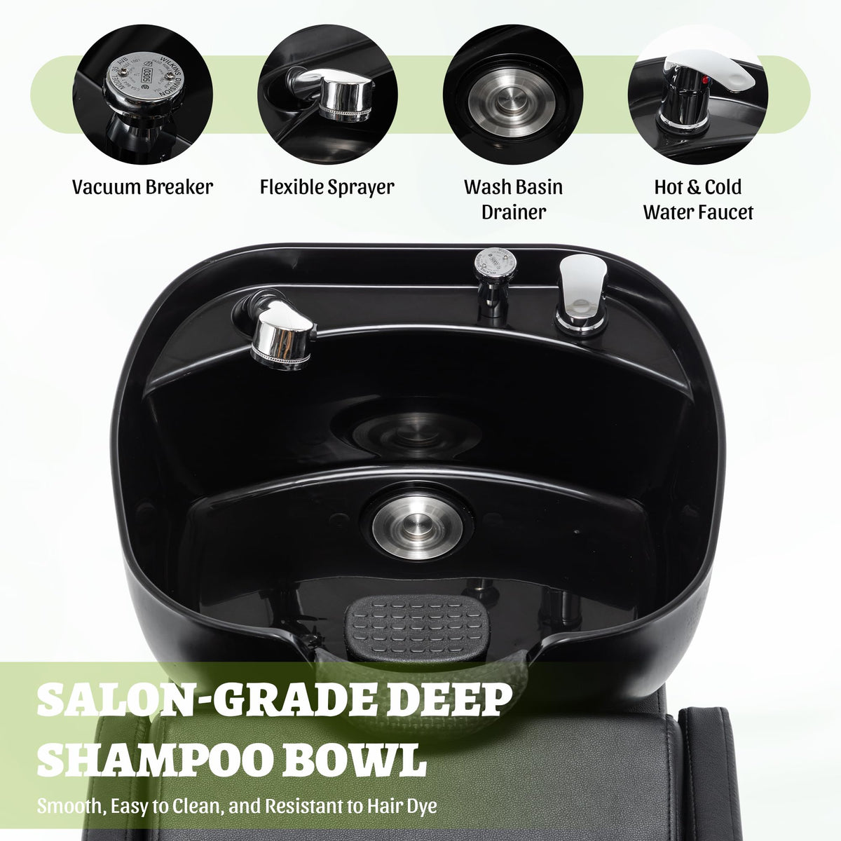KEIKI Large Shampoo Bowl & Chair Set with Footstool, Black & Gold Barber Backwash Chair, Heavy Duty 300lbs Hair Washing Chair with Deep ABS Basin & Neck Rest for Spa Beauty Stylist