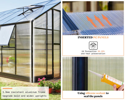 AMERLIFE 12x13.5x9 FT Walk-in Backyard Greenhouse, Aluminum Frame with Polycarbonate Panels, Easy Quick-Connect Assembly, 6.7 FT Bronze Double Doors, 4 Ventilation Windows, Black