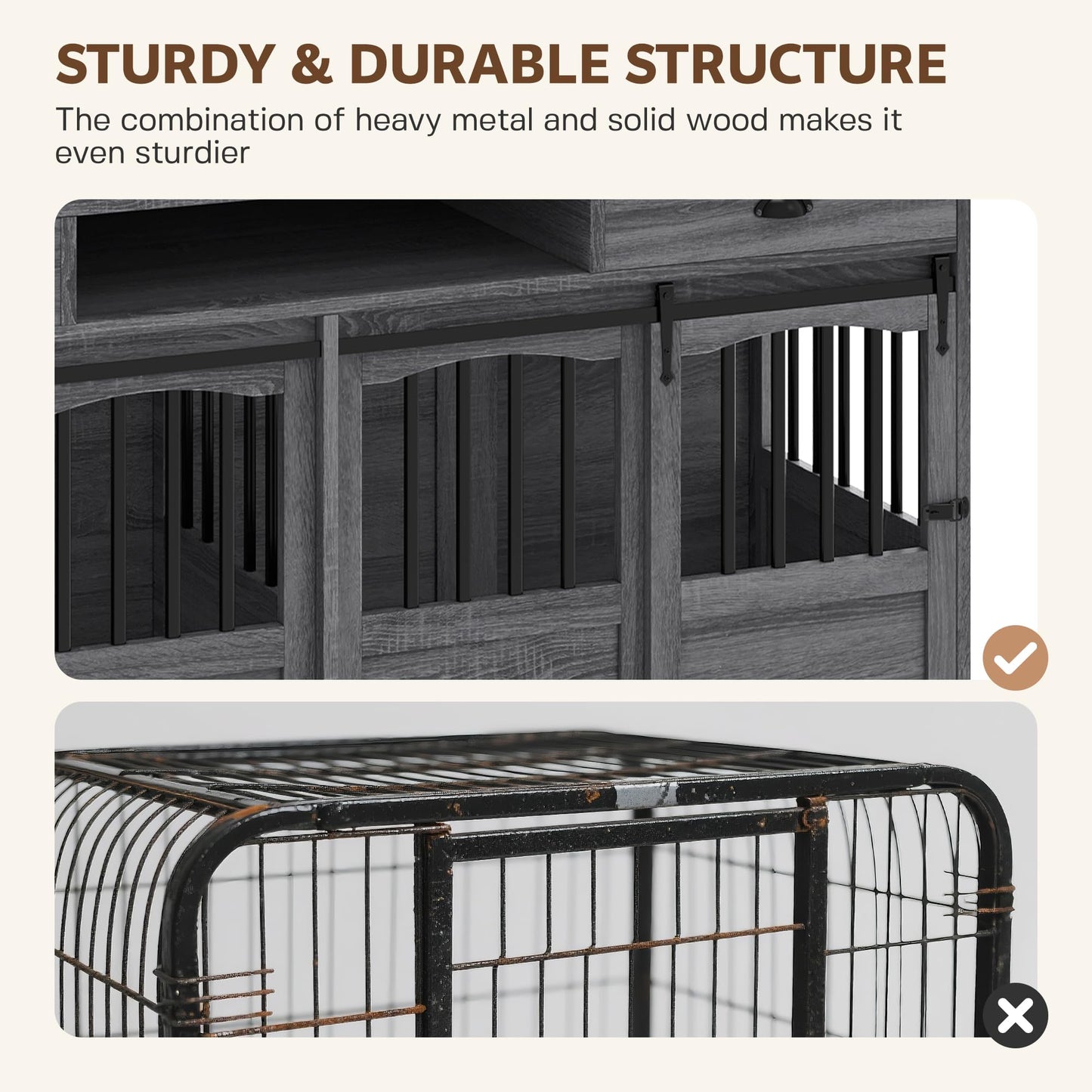 Homiflex 72" Double Dog Crate Furniture with Storage for 2 Medium Large Dogs Farmhouse Wooden Dog Kennel Furniture with 2 Sliding Doors Divider & Power Outlet Decorative Dog Cage TV Stand Grey