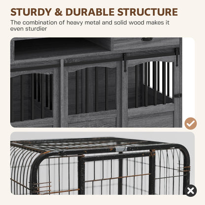 Homiflex 72" Double Dog Crate Furniture with Storage for 2 Medium Large Dogs Farmhouse Wooden Dog Kennel Furniture with 2 Sliding Doors Divider & Power Outlet Decorative Dog Cage TV Stand Grey