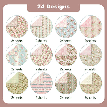 MerwDeeyt Floral Scrapbook Paper 12x12 In and 6x6 In Pack, 48 Sheets Double Sided Decorative Papers Spring Flower Patterned Craft Paper for Scrapbooking Card Making Journaling Decor (Pink)