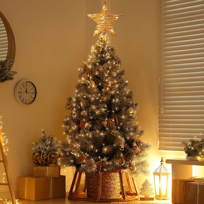 Rattan 3D Star Tree Topper, 12" Rustic Rattan Star with Built-in 10-Bulb String Lights for Christmas Decoration