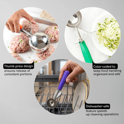 Restaurantware Met Lux 8 Ounce Portion Scoop 1 Durable Disher Scoop - Thumb Trigger Orange Stainless Steel Ice cream Disher For Portion Control For Ice Cream Mashed Potato And Cookie Batter