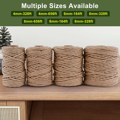 Natural Jute Twine 656ft 6mm,4Ply Twisted Thick Twine Rope Strong Jute String Roll for Crafts Gift Wrapping Gardening Home Decor Bundling Cat Scratching Post