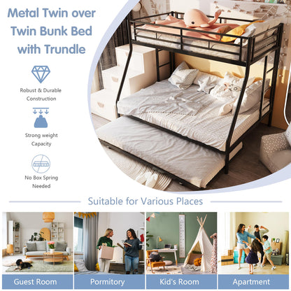 SUNLEI Twin Over Full Bunk Beds with Trundle, Heavy Duty Metal Triple Bunk Bed Frame, 3 Beds Space Saving Bunk Bed with Guardrails & Ladder, No Box Spring Needed, for Kids Teens Adults Bedroom, Black