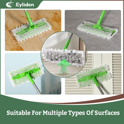 Eyliden Sweeper Mop with 36 Refills - 3 Types of Disposable Dry & Wet Cloths | Lock-Tight Design No Lost Pads, Universal Refills, Multi-Surface Sweeping Starter Kit for Pet Hair, Dust, Floor Cleaning