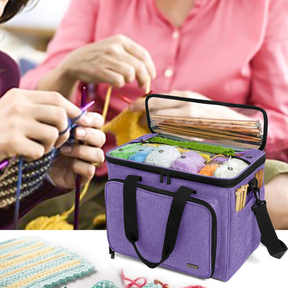 Teamoy Knitting Bag, Yarn Tote Organizer with Inner Divider (Sewn to Bottom) for Crochet Hooks, Knitting Needles(Up to 14"), Project and Supplies, Purple -No Accessories Included