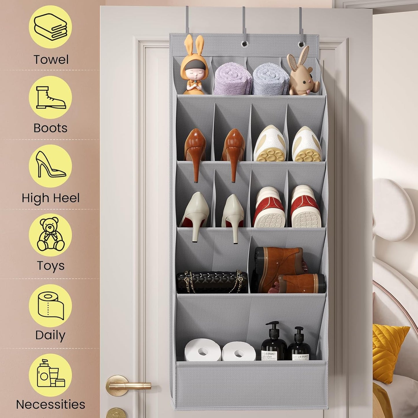 18 Closet Pairs Over the Door Shoe Organizer, Shoe Rack for Door with Large Breathable Pockets, Hanging Shoes Rack