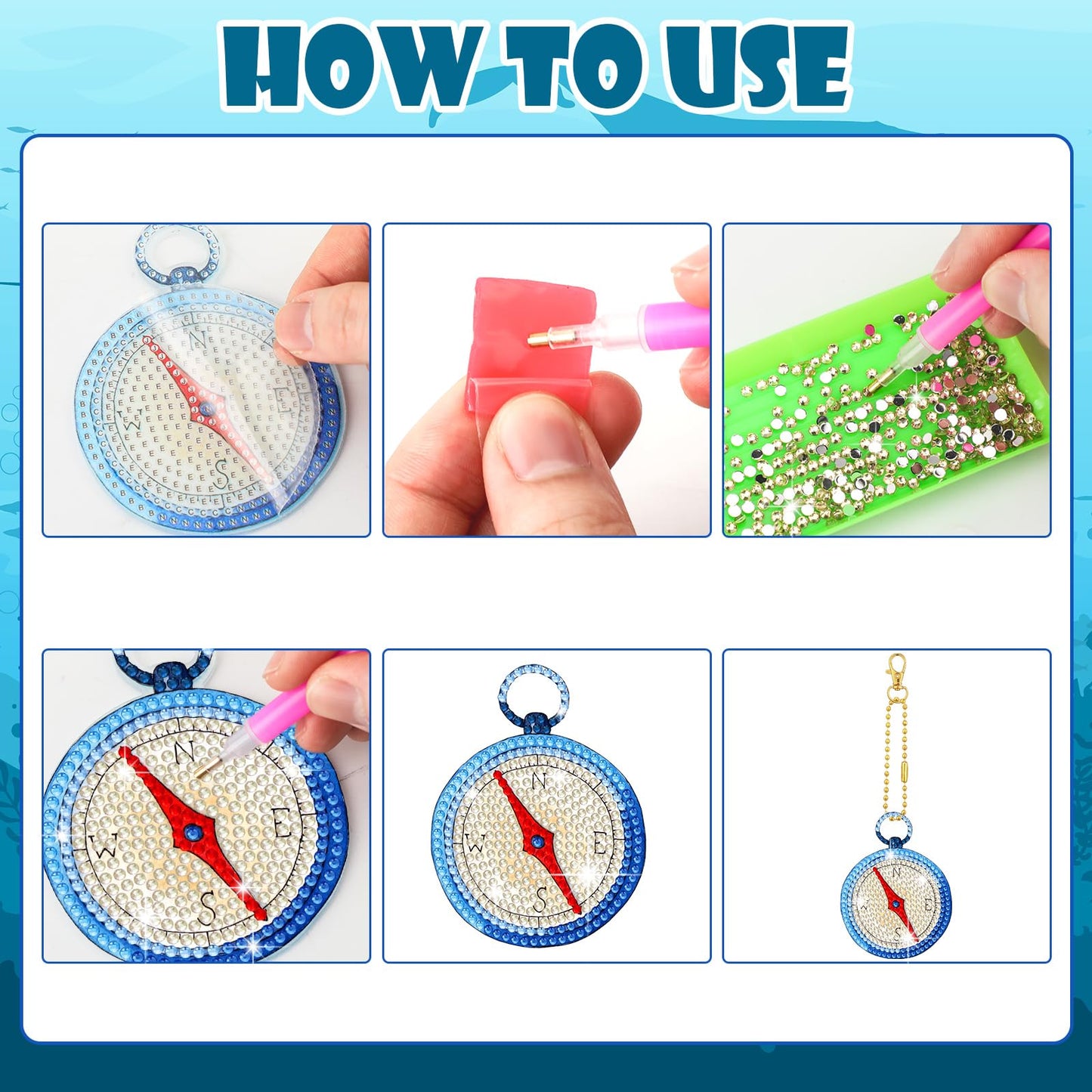BBTO 15 Pcs Summer Ocean Diamond Painting Keychains Kits 5D DIY Summer Diamond Art Painting Keyrings Sea Animals Theme Key Chains for Beach Party Crafts Ornaments