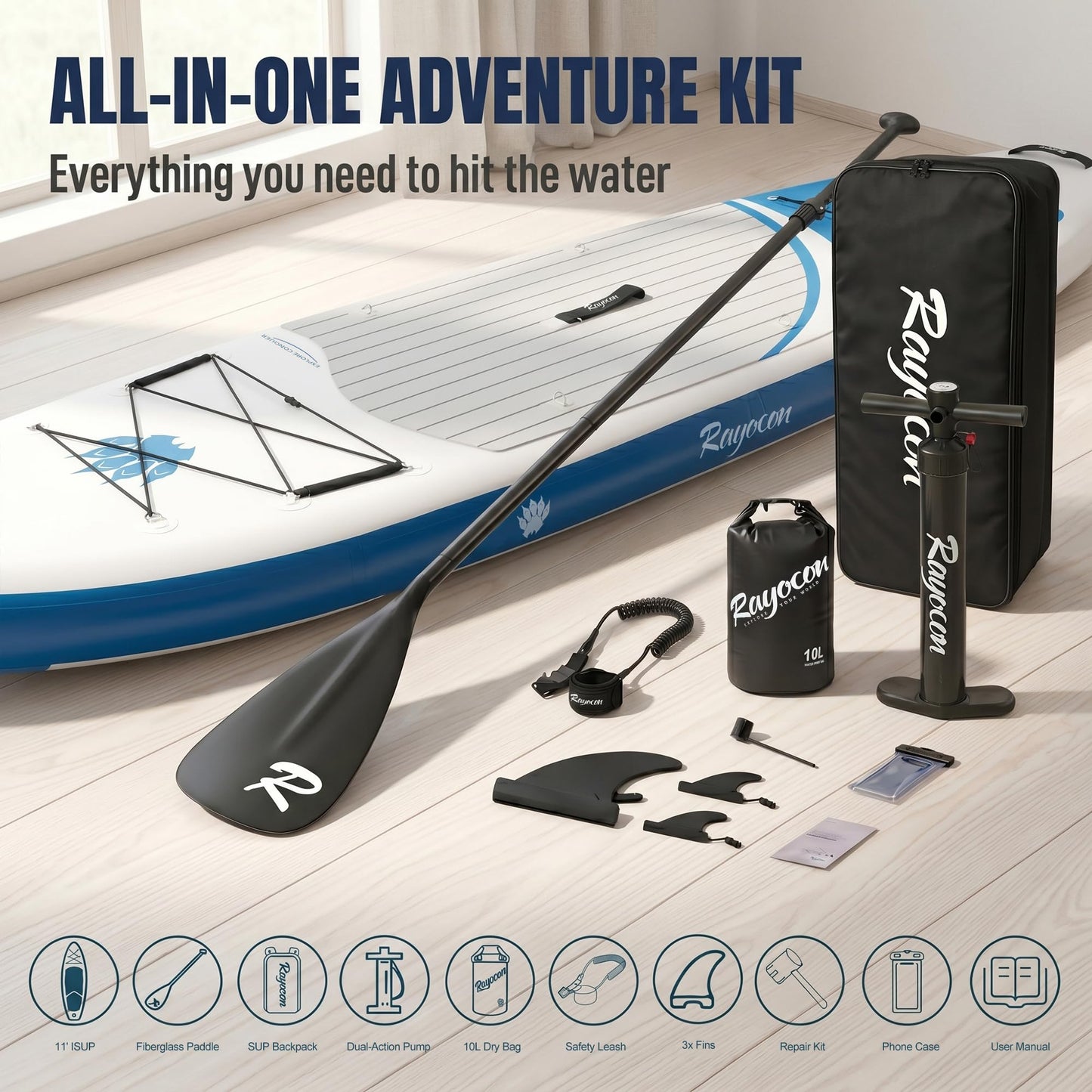 Inflatable Stand Up Paddle Board 11'×34" Extra Wide SUP, Ultra-Stable for Adults & Dog, 450lbs, Dual Chamber Pump, Fiberglass Paddle, Military Grade Dual Layer, Wild Bear Claw Polar Design Blue