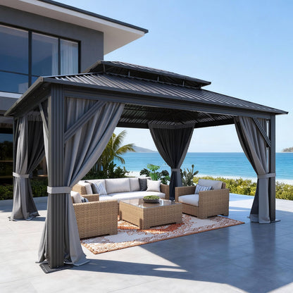 DWVO Hardtop Gazebo with Nettings and Curtains, Heavy Duty Galvanized Steel Outdoor Vertical Stripes Roof for Patio, Backyard, Deck, Lawns, Gray, 16x12ft