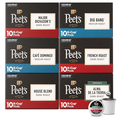 Peet's Coffee K-Cup Pods Variety Pack - 100% Arabica Coffee, 60 Count (6 Boxes of 10 Pods)