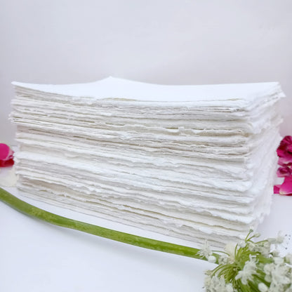E-Tailor Handmade Cotton Paper Deckle Edge Loose Leaf Sheets 130 GSM Ivory White (5x7, Ivory-1-Pack of 50)