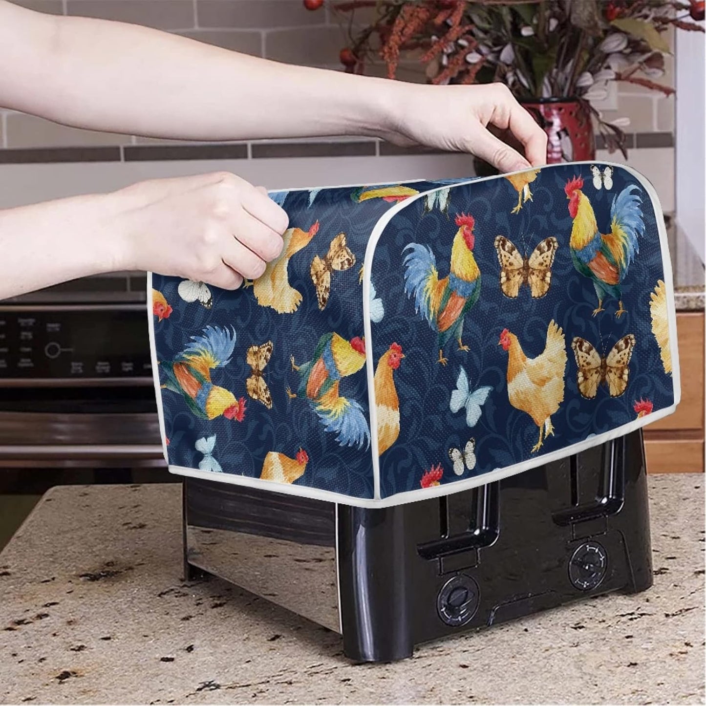 Washable Toaster Dust Cover, 4 Slice Chicken Rooster Decorative Cover, Kitchen Appliance Protector, Fingerprint