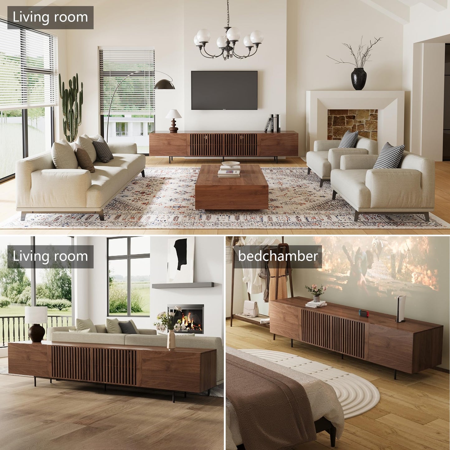 gaoyangjiaju 94.48" Mid Century Modern TV Stand for TVs up to 70"-90",Tv Console with 4 Storage Cabinets, Media Furniture for Living Room or Bedroom,Walnut