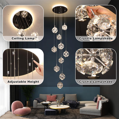 KAUCQI 10-Light High Ceilings Long Chandeliers Modern Crystal Staircase Chandelier Hanging Flush Mount Lighting Fixtures for Spiral Staircase,Foyer,Entryway