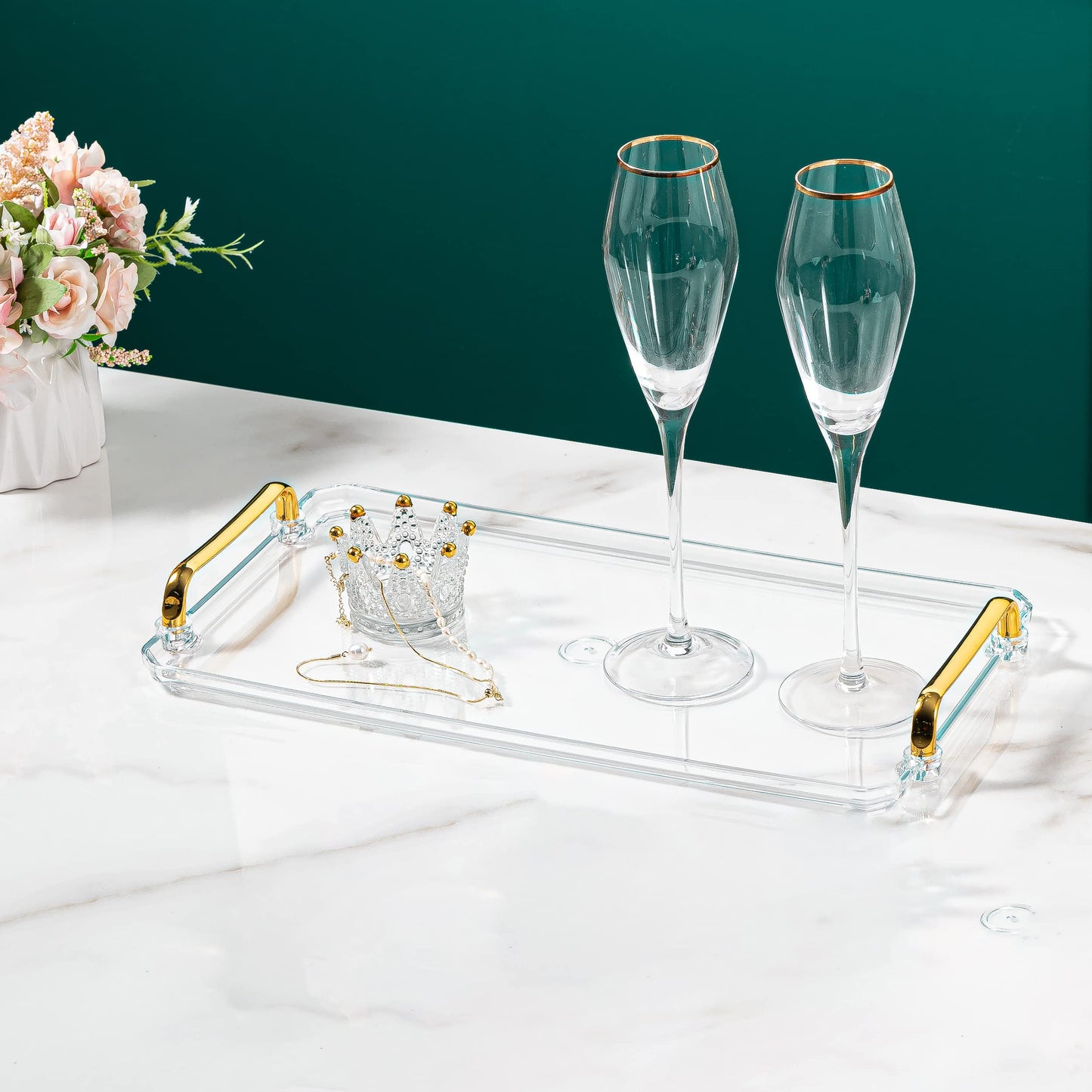 Waltsun Acrylic Serving Tray with Handles Ottoman Countertop Decorative Tray Serving Tray Spill-Proof Tray for Coffee Table Living Room Bedroom16 x 9 x 0.8 inches (Amber)