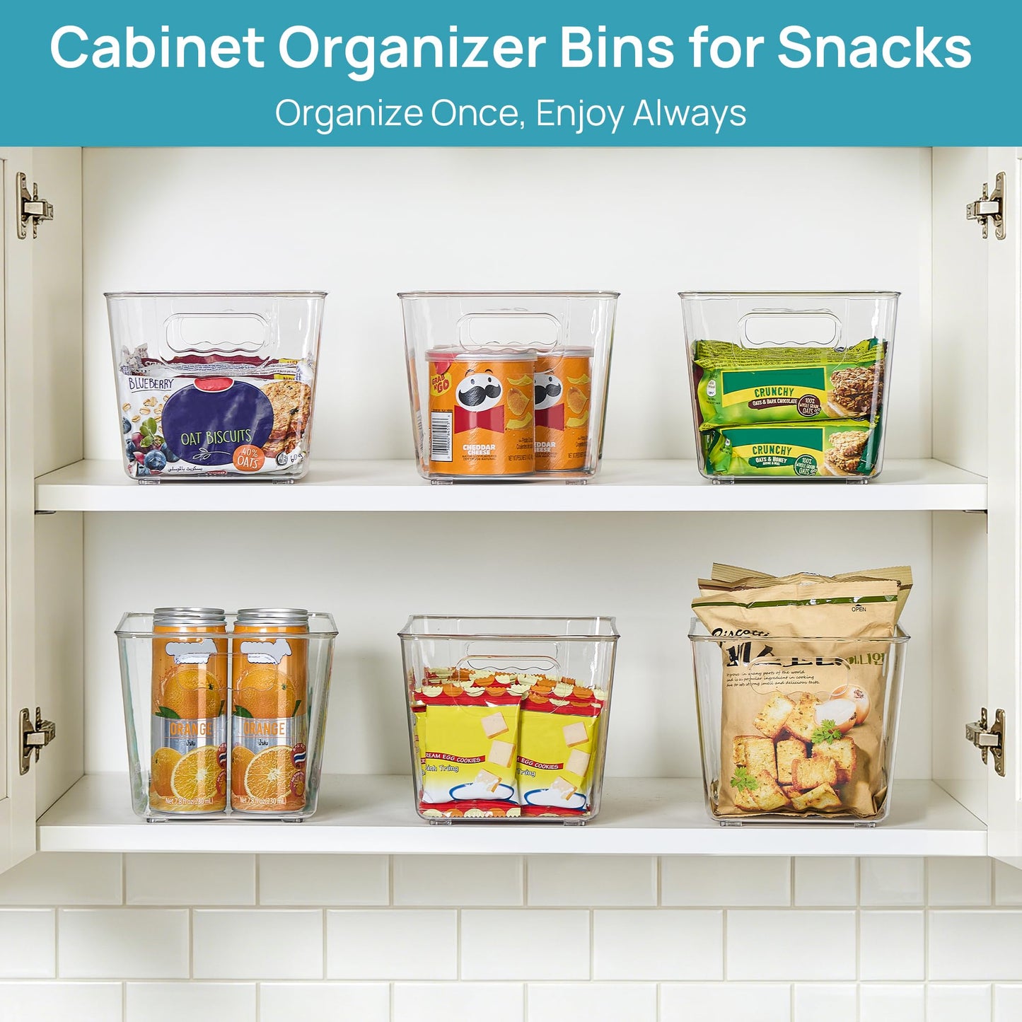 Vtopmart 6 Pack Clear Storage Bins, Pantry Cabinet Organizer Bins with Handle for Pantry Organizer and Storage, Plastic Bins for Fridge, Cabinet, Kitchen, Countertops, Cupboard, Freezer, Medium