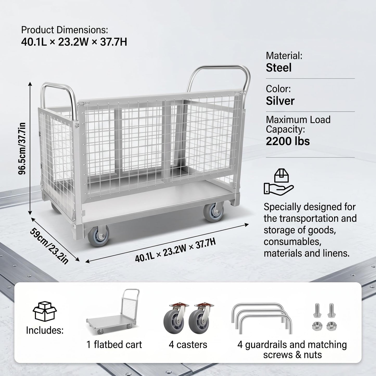 4-in-1 Platform Truck Cart with Cage, Heavy Duty Foldable Flatbed Push Cart with Swivel Casters, 2200 LBS Steel Load Capacity for Warehouse Commercial Industrial Cargo Storage & Transport