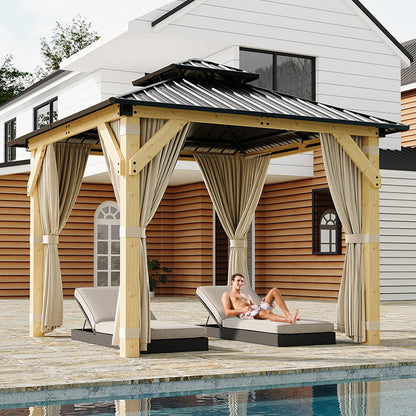 10x10 FT Hardtop Wood Gazebo, Outdoor Patio Pavilion with Cedar Frame, Double Galvanized Steel Roof, Curtains and Mesh Netting, Ceiling Hook Shelter for Backyard Deck Lawn Garden, Khaki