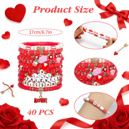 Tinrbip 40 Pcs Valentines Bracelets Kit, Clay Stretch Valentine Bracelets for Women, Cute Love Kiss Heart Friendship Bracelet, Stackable Valentines Day Bracelet Bulk, Valentine's Day Jewelry