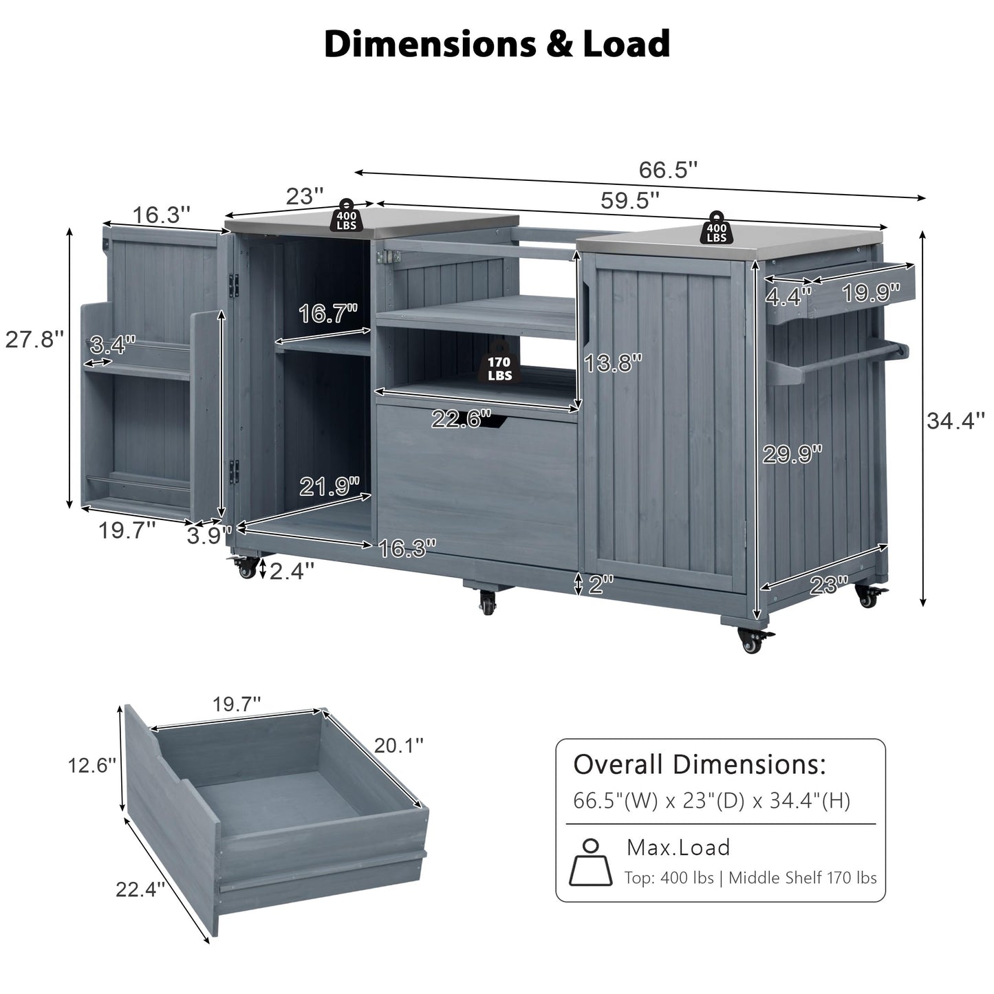 Trygoal 66.5" Outdoor Kitchen Island for Big Green Egg & Kamado Joe - 1380 sq in Heavy Duty Grill Cart with Stainless Steel Top - Solid Wood Rolling BBQ Prep Station with 6 Wheels & Storage, Grey Blue