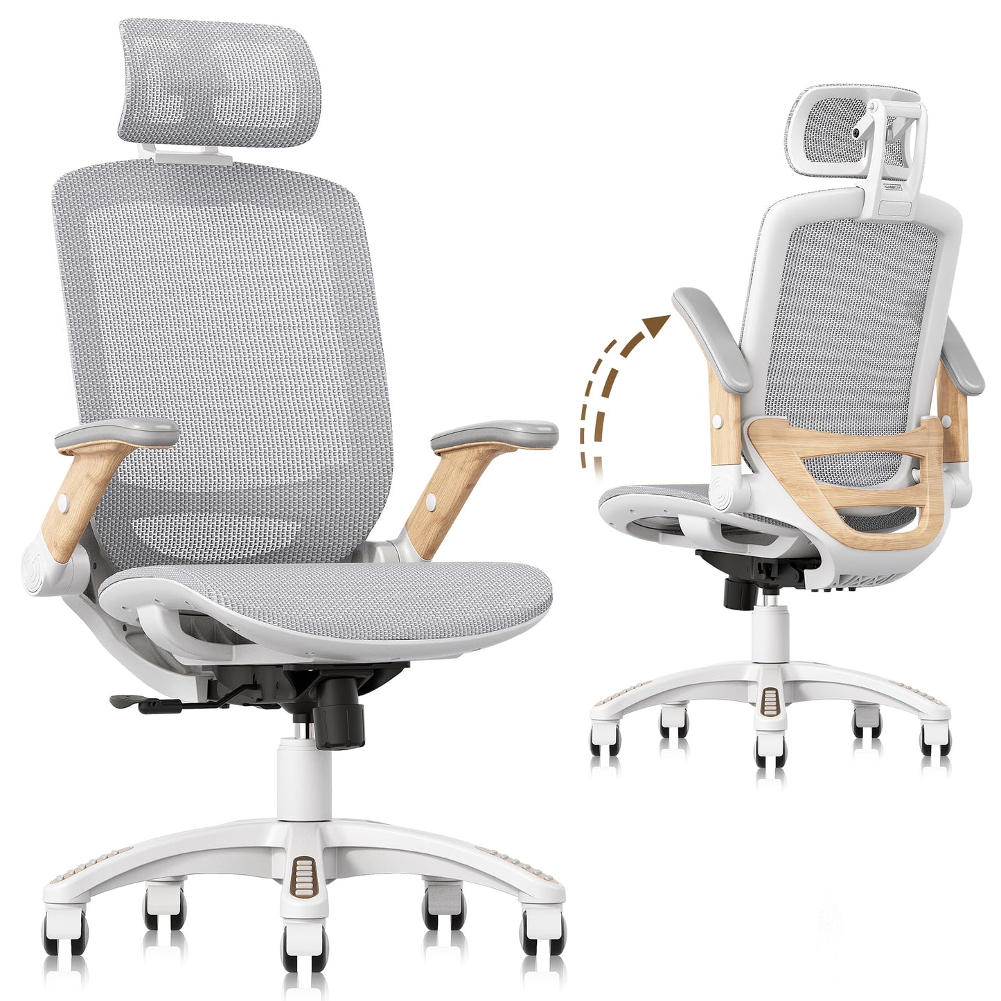 GABRYLLY Ergonomic Office Chair, High Back Home Desk Chair with Flip-Up Arms, Headrest, 90-120° Tilt and Wide Cushion, 300LBS White Mesh Chair for Work Gaming Study (GY01-NT, Woodgrain Pattern)