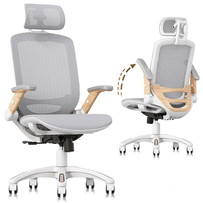 GABRYLLY Ergonomic Office Chair, High Back Home Desk Chair with Flip-Up Arms, Headrest, 90-120° Tilt and Wide Cushion, 300LBS White Mesh Chair for Work Gaming Study (GY01-NT, Woodgrain Pattern)