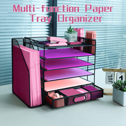 ideallife Desk Organizers and Accessories with File Holder, 6-Tier Paper Letter Tray Organiser with Drawer and 2 Pen Holder, Mesh Desktop Document Organizer for Office Supplies, Workspace - Black