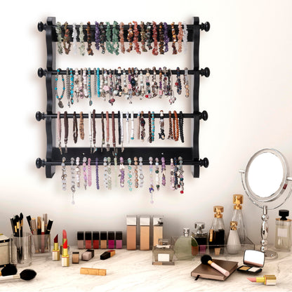 4-Tier Wooden Bracelet Holder Wall-Mounted – Black Jewelry Display Stand for Bracelets, Bangles, Watches– Rustic Wall Jewelry Organizer for Home, Store, or Craft Show – Bracelet Display Rack