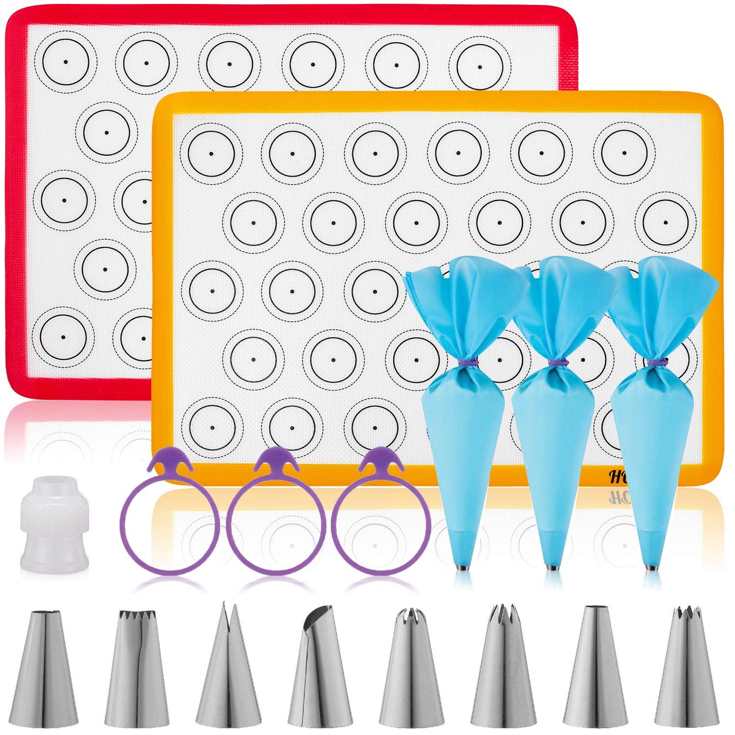 HOTPOP Piping Bags and Tips Set for Macarons - 17-Piece Baking Supplies Kit - Reusable Silicone Pastry Bags - 2 Half-Size Baker Mats - Ideal for Home Pastry Baking (16.5"x11.5")