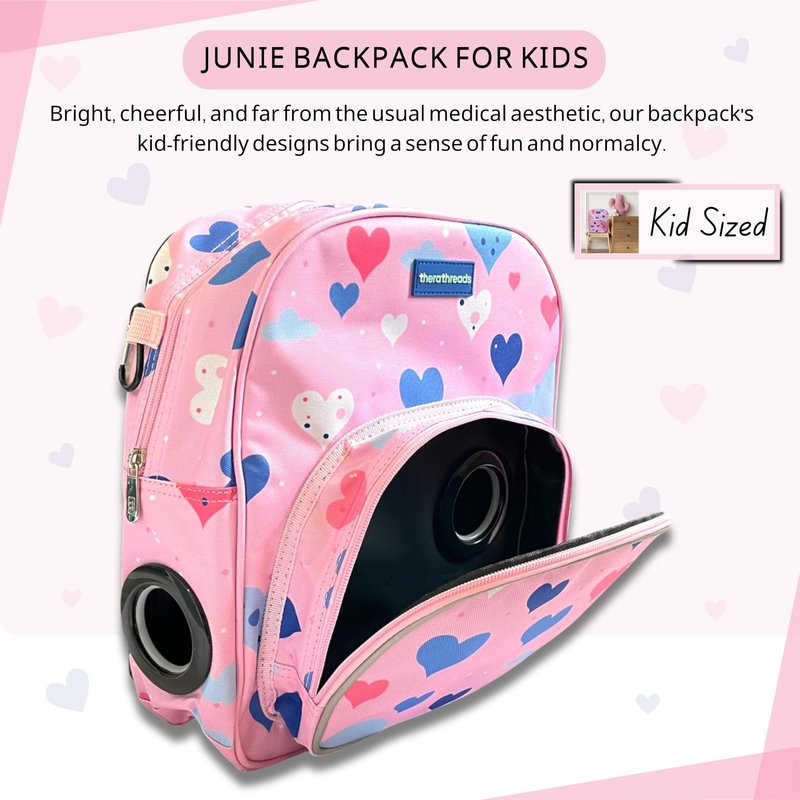 therathreads Junie Feeding Tube Backpack for Kids Enteral Feeding Pumps (EnteraLite Infinity and Kangaroo Joey), G Tube, J Tube, GJ Tube, PEG Tube Bag fits 500mL to 1L Capacity Bags (Hearts)
