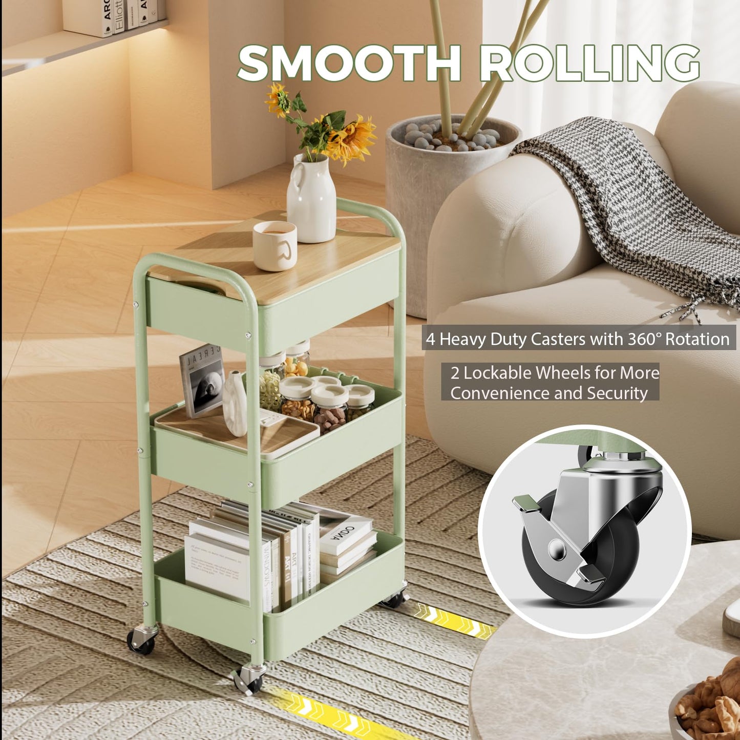 johgee 3 Tier Rolling Cart with Table top, Metal Rolling Utility Cart, Sturdy Storage Organizer Cart with Locking Wheels & Hooks for Office, Classroom, Kitchen and Bathroom