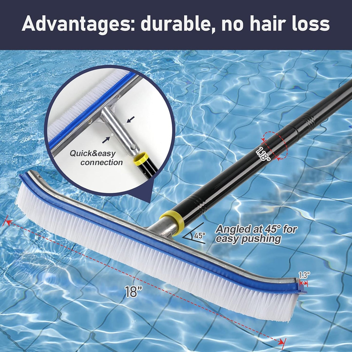 FLY HAWK Pole,4 Pool Brush with FT Polished Aluminum Back Pool Scrub Brush Head Designed for Cleans Walls, Tiles
