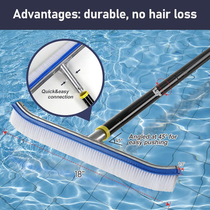 FLY HAWK Pole,4 Pool Brush with FT Polished Aluminum Back Pool Scrub Brush Head Designed for Cleans Walls, Tiles