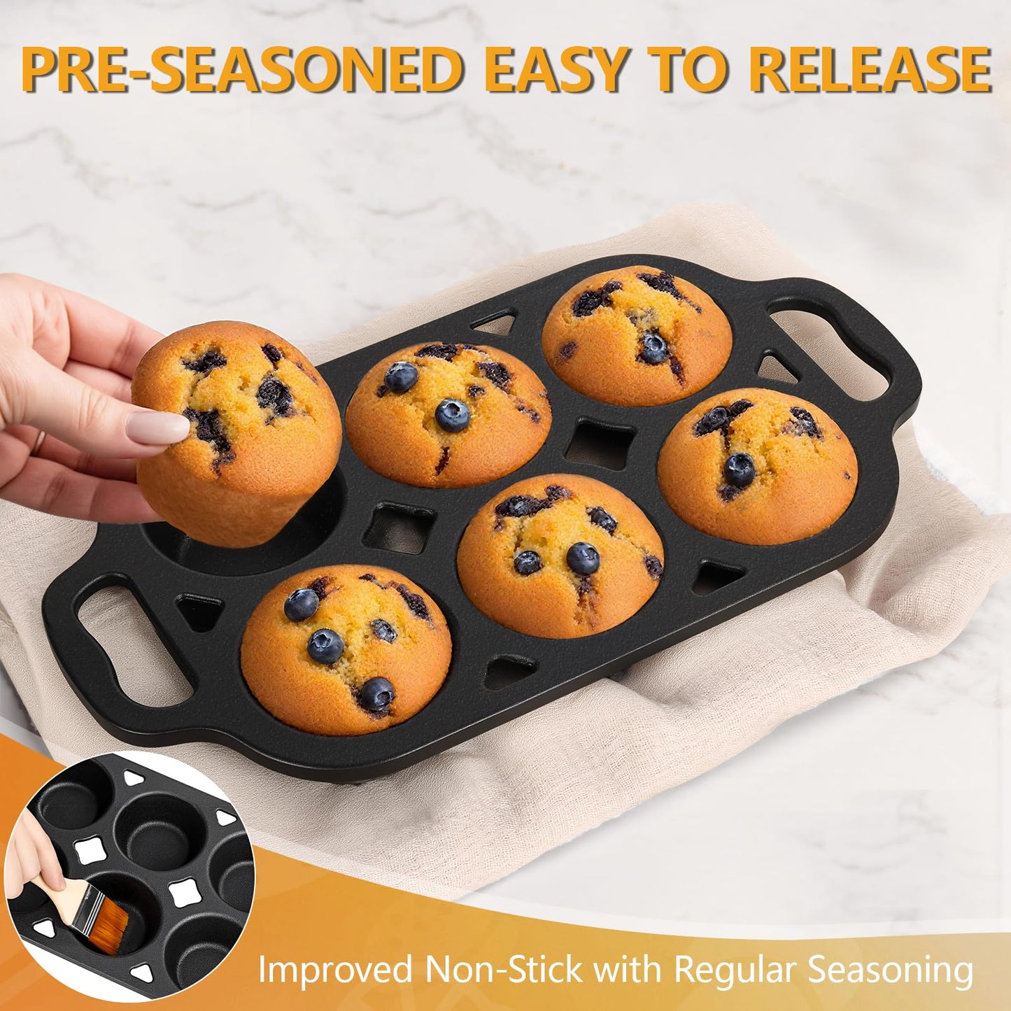 COSORM 6 Cup Cast Iron Muffin Pan - Pre-Seasoned Nonstick Muffin Tin, Regular Size Cupcake Baking Pan