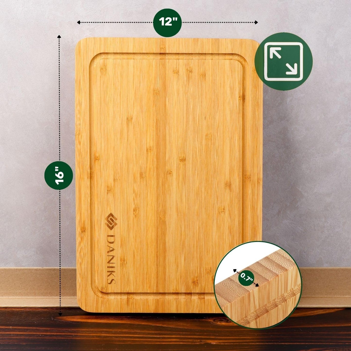 Daniks Bamboo Cutting Board Set of 2 with Juice Groove, XL 16x12 & L 13x9 in – Cutting Boards for Kitchen, Meal Prep, Serving & Charcuterie, Heavy‑Duty