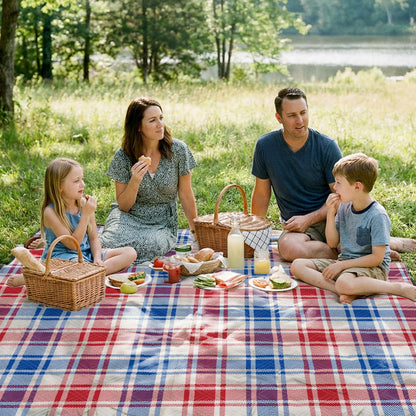 Doonly Picnic Blanket, 78" x 78" Large Waterproof Sandproof Beach Blanket, Foldable Outdoor Blanket Picnic Mat for Beach, Camping, Park, Grass, Lawn, Travel (Blue/Red/White)