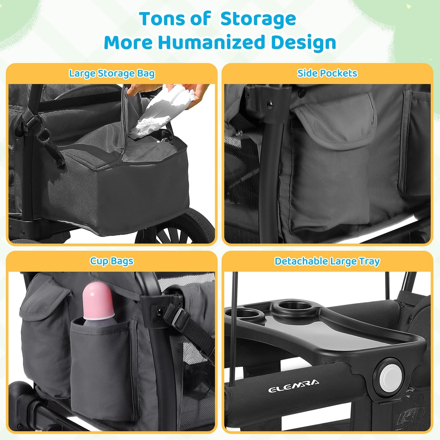 ELEMARA Foldable Wagon Stroller, Stroller Wagon for 2 Kids, Premium All Terrain Wagon for Kids with Removable Canopy, Adjustable Push/Pull Handle, Harnesses, Large Storage Bag, Gray