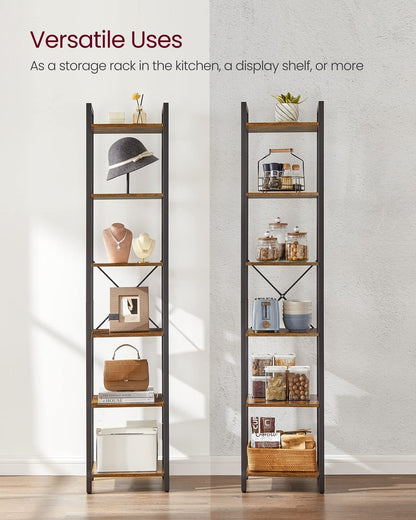 VASAGLE 6-Tier Bookshelf, Bookcase with Steel Frame, Book Shelf for Living Room, Home Office, Study, 11.8 x 15.7 x 73.2 Inches, Industrial Style, Rustic Brown and Ink Black ULLS101B01