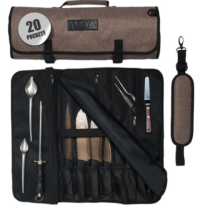 Asaya Waxed Nylon Chef Knife Roll Bag with 20 Slots and Zippered Pockets - Professional Chef Knife Bag & Storage Case, Tool Carrier with Shoulder Strap - Knives Not Included (Brown)