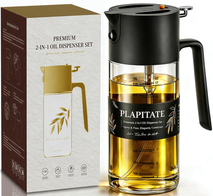 PLAPITATE 17oz/500ml Premium Olive Oil Sprayer for Cooking, 2 in 1 Glass Olive Oil Dispenser Bottle for Kitchen Gadgets, Spray Bottle with Portion Control for Salad, Frying, BBQ (Black)