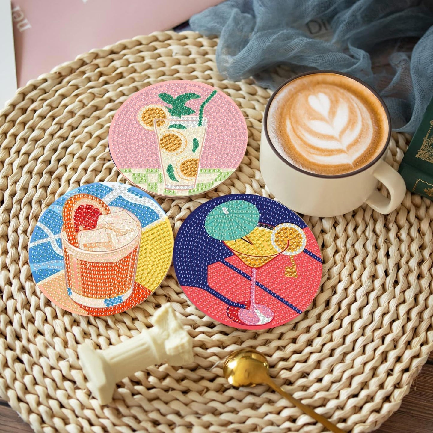 CAMOYAI 8 pcs Diamond Art Coasters Kits with Holder, DIY 5D Retro Cocktail Diamond Painting Coasters,Diamond Art Kits for Adults Beginners