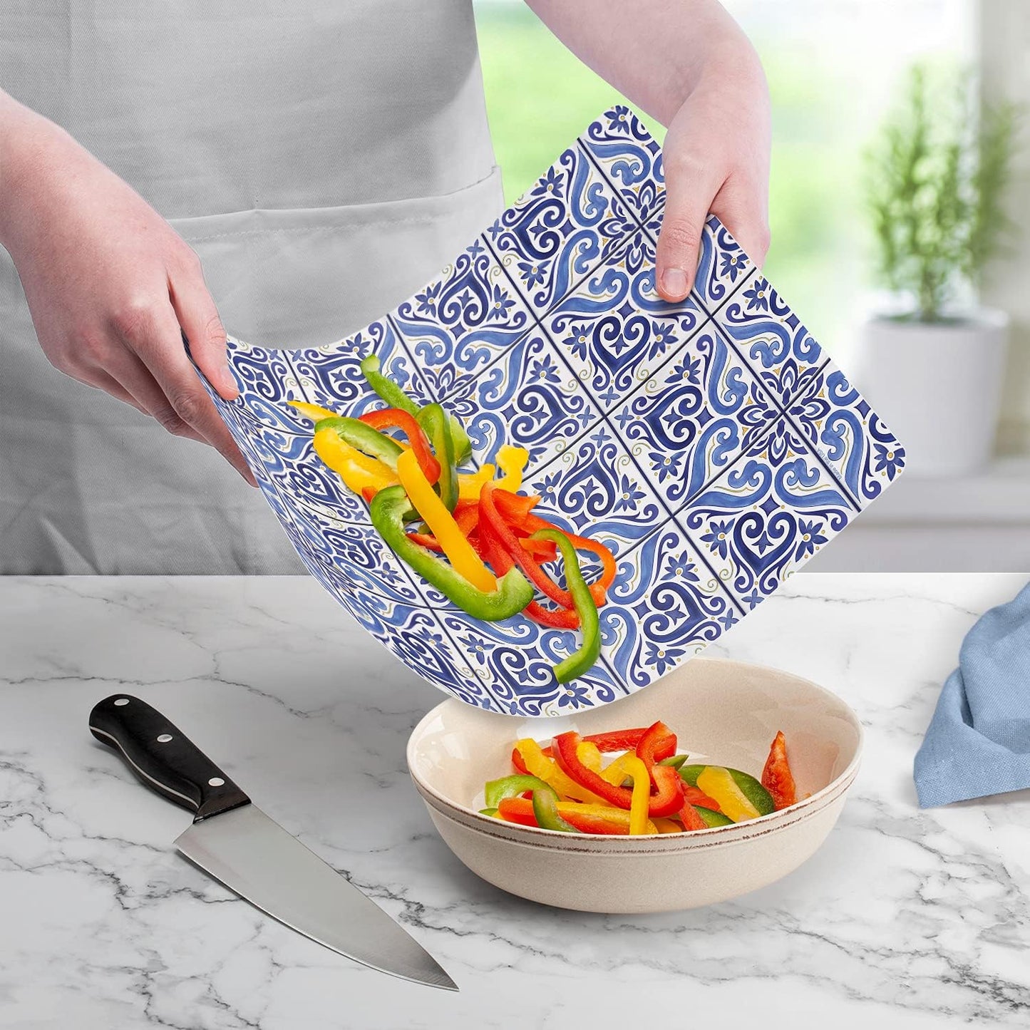 Cut N' Funnel Shades of Blue Designer Flexible Plastic Cutting Board Mat, 15" x 11.5", Easy to Clean, Made in the USA