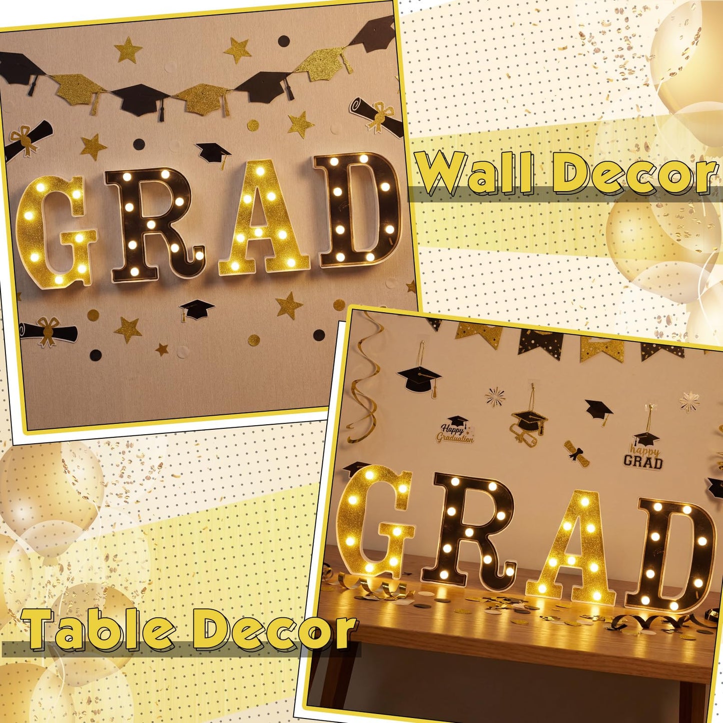 VIHOSE 2026 Graduation Grad Light up Sign, 4 LED Marquee Light up Letter''grad''sign Decorations for Kindergarten Preschool High School College Wall Table Decor Party Supplies(Black & Gold)