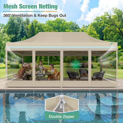COBIZI 10x20 Canopy Tent, Heavy Duty Pop up Canopy with Sidewalls, Waterproof Easy Setup Canopy with Mosquito Netting, Outdoor Instant Screen Tents for Parties, Wedding with Roller Bag, Khaki